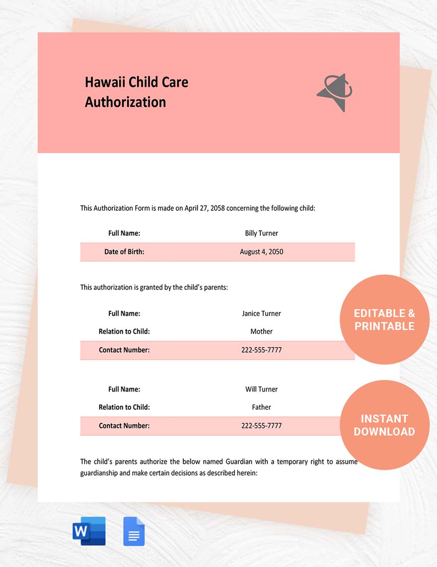 Hawaii Child Care Authorization Template in Word, Google Docs