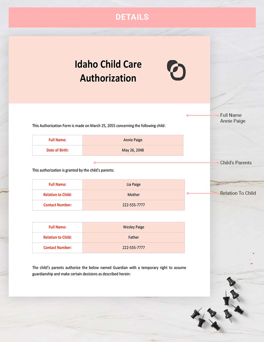 Idaho Child Care Authorization Template