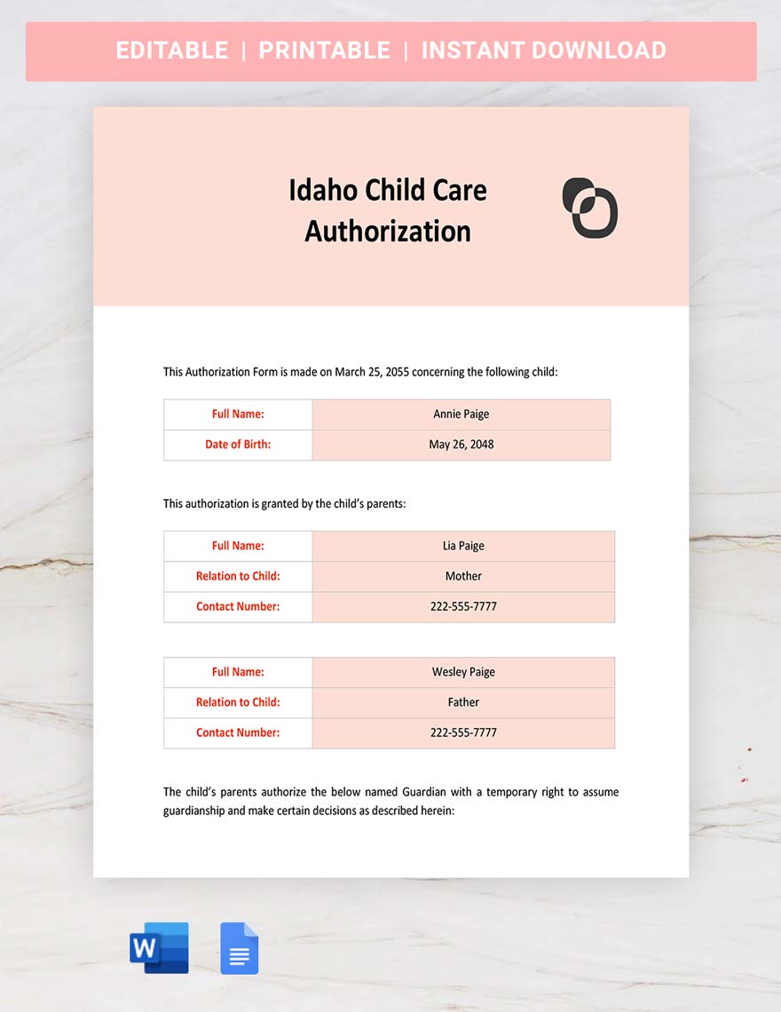 Idaho Child Care Authorization Template in Word, Google Docs