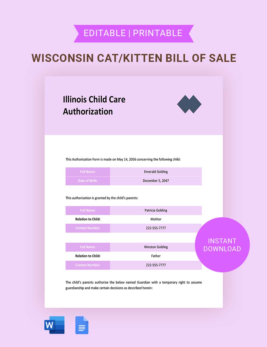 Illinois Child Care Authorization Template Download In Word Google 