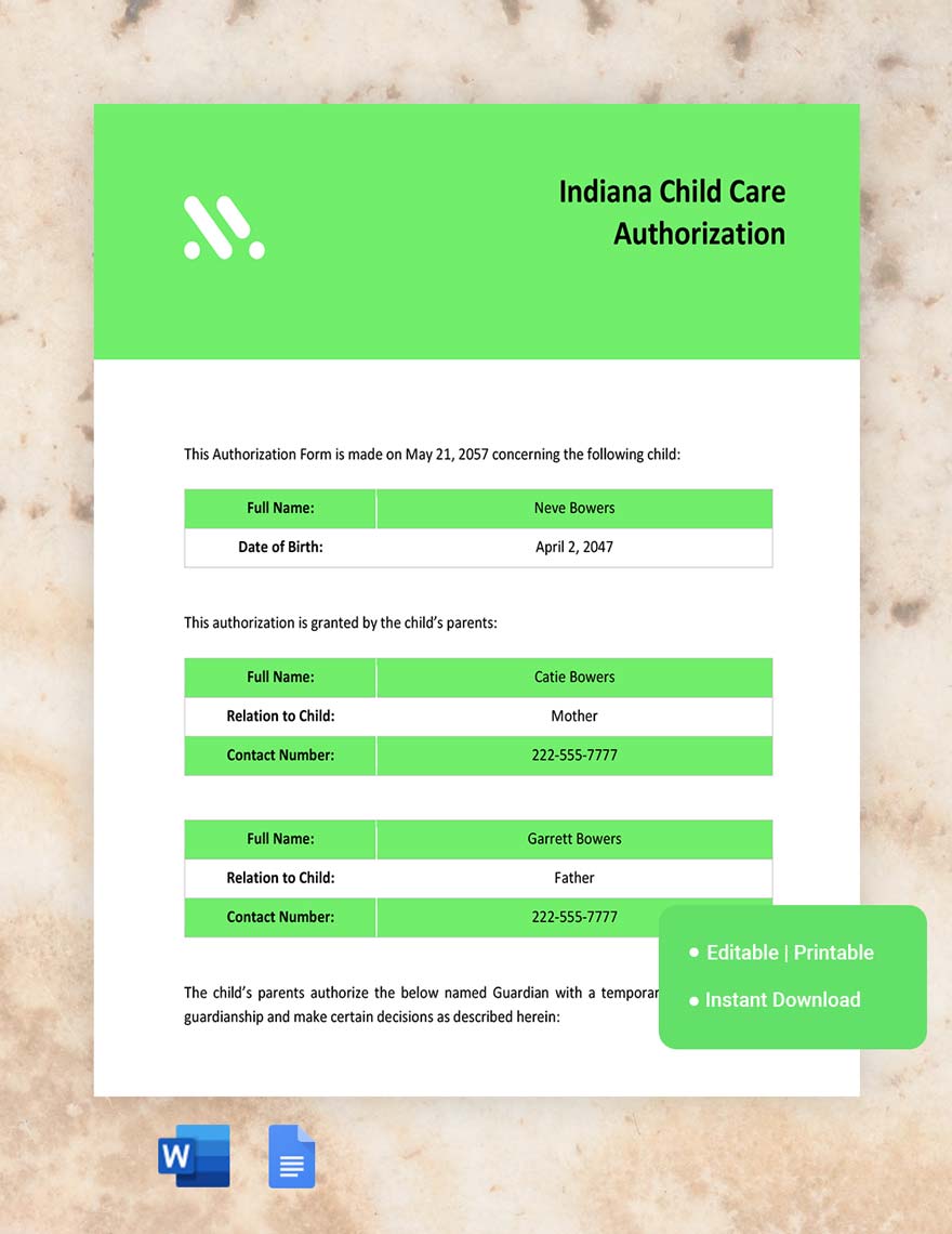 Indiana Child Care Authorization Template in Word, Google Docs