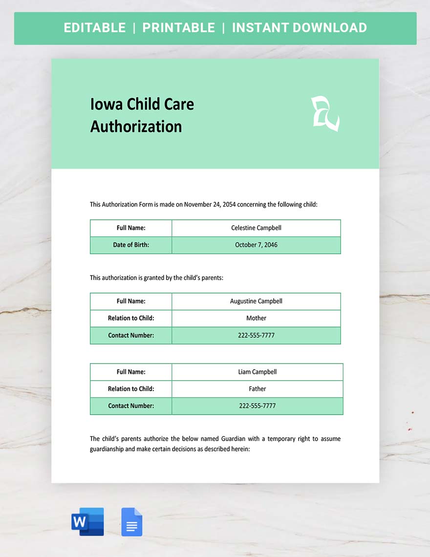 Iowa Child Care Authorization Template in Word, Google Docs