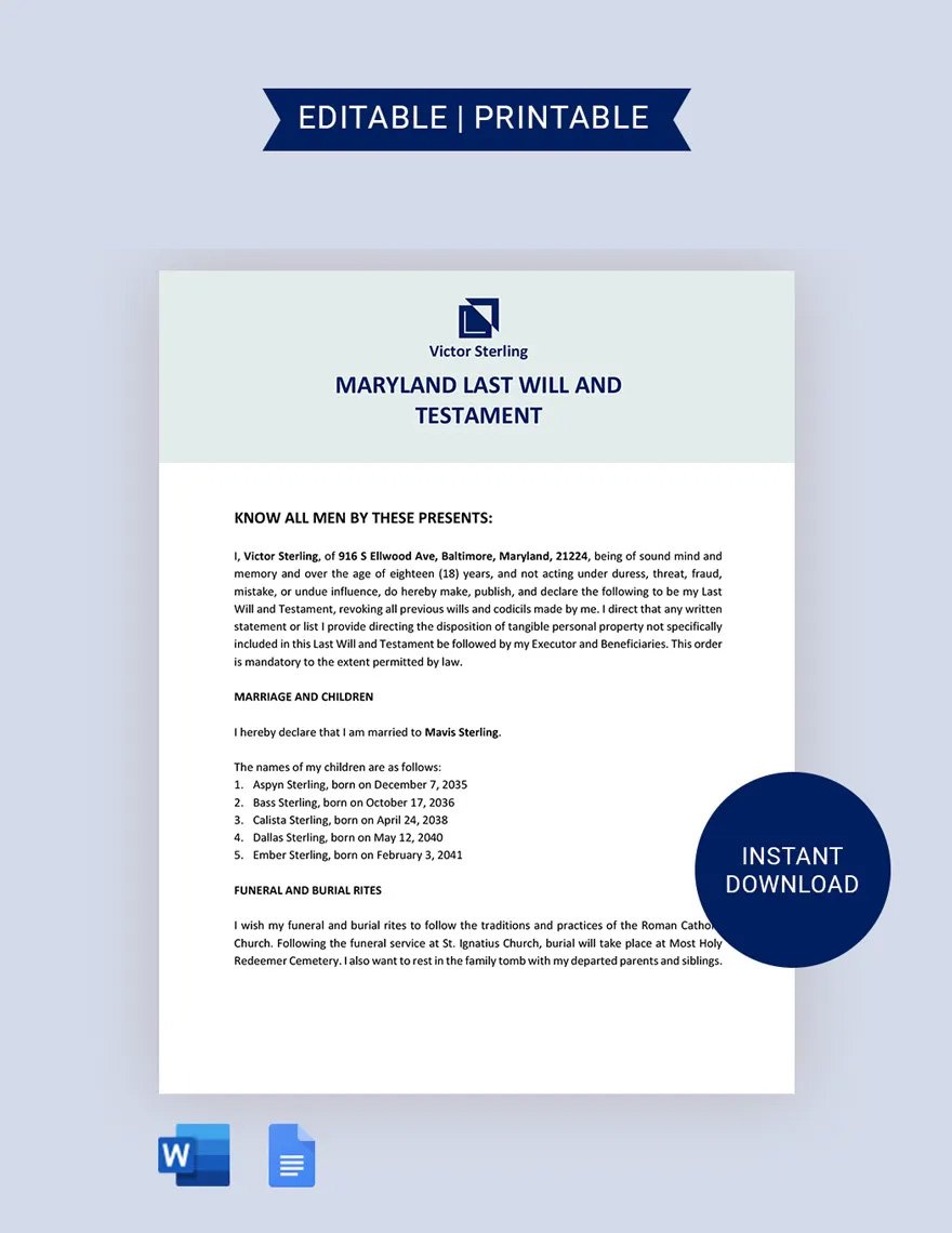 Maryland Last Will And Testament Template in Word, Google Docs, PDF