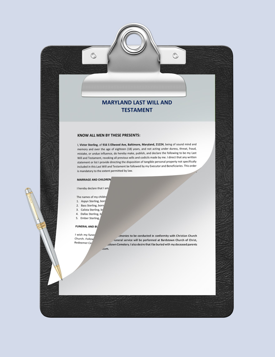 Maryland Last Will And Testament Template Download in Word, Google