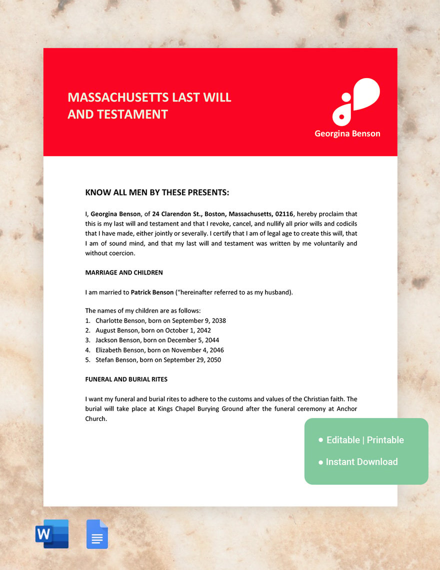 Massachusetts Last Will And Testament Template in Word, Google Docs, PDF