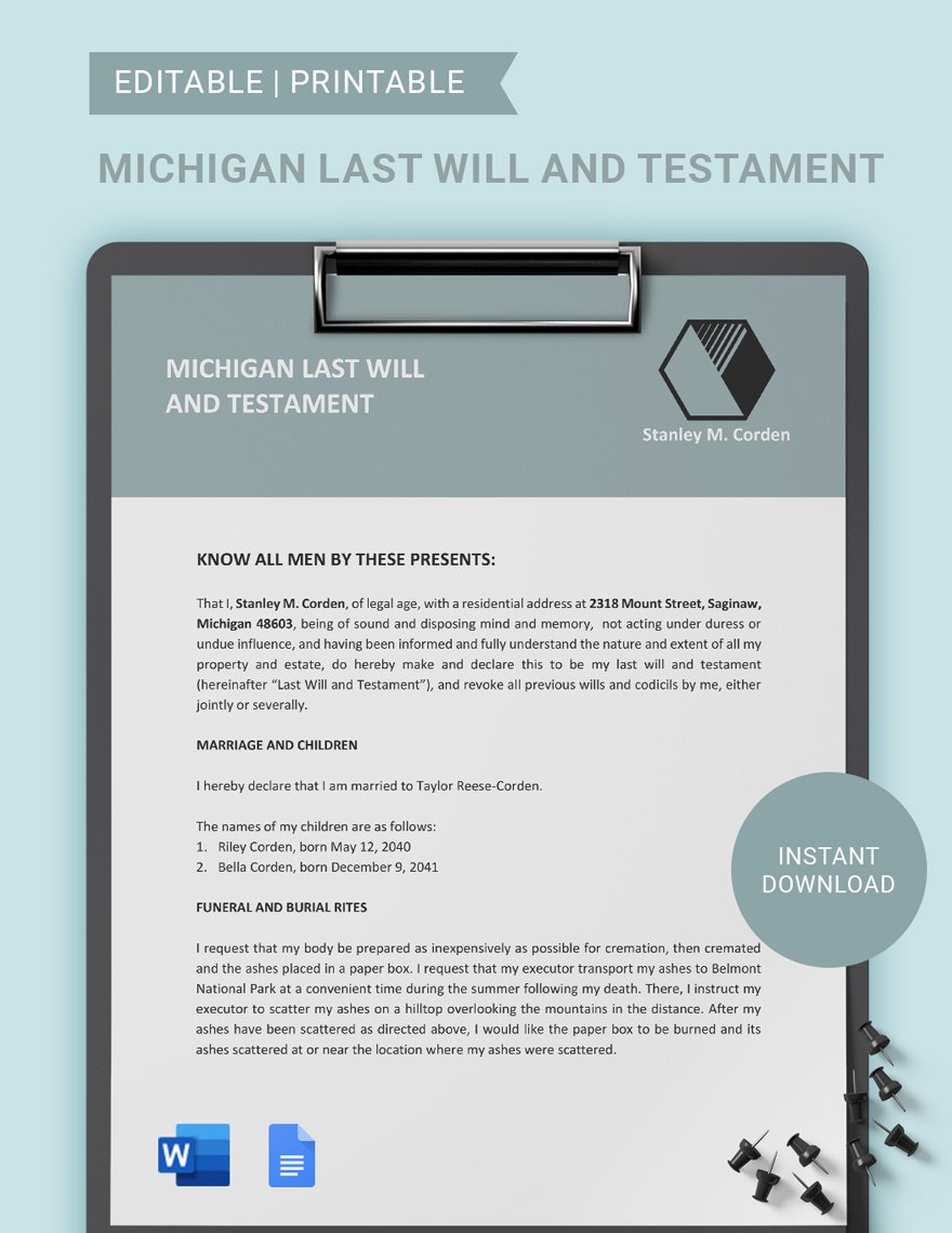Michigan Last Will And Testament Template in Word, Google Docs, PDF