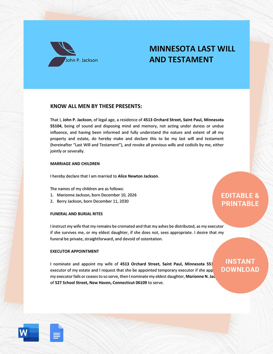 Minnesota Last Will And Testament Template Download in Word, Google