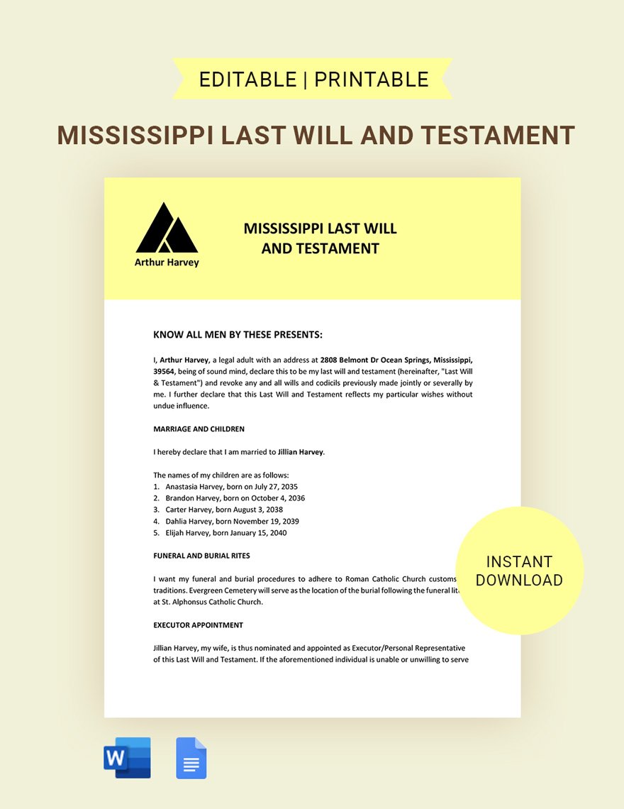 Mississippi Last Will And Testament Template in Word, Google Docs