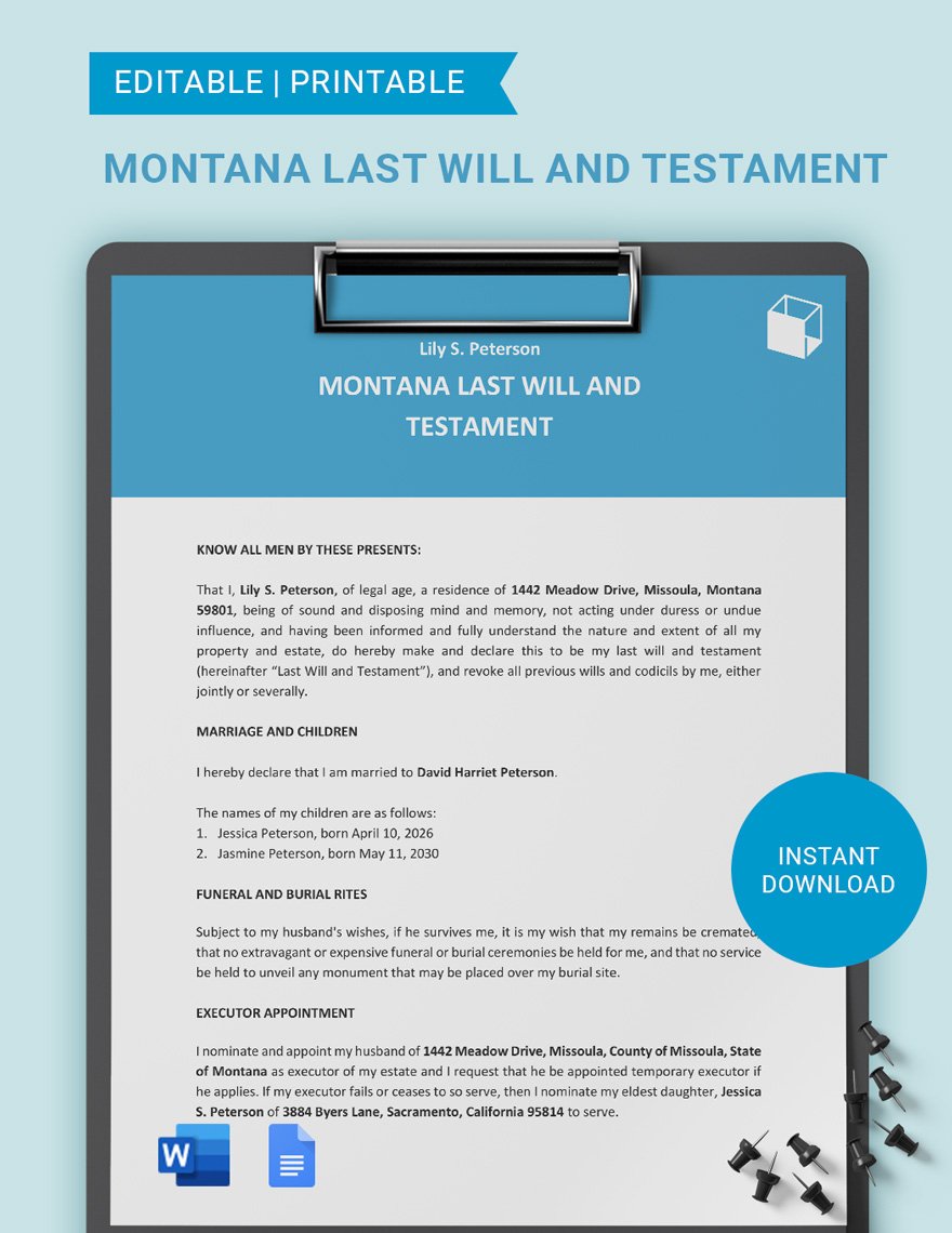 Montana Last Will And Testament Template in Word, Google Docs