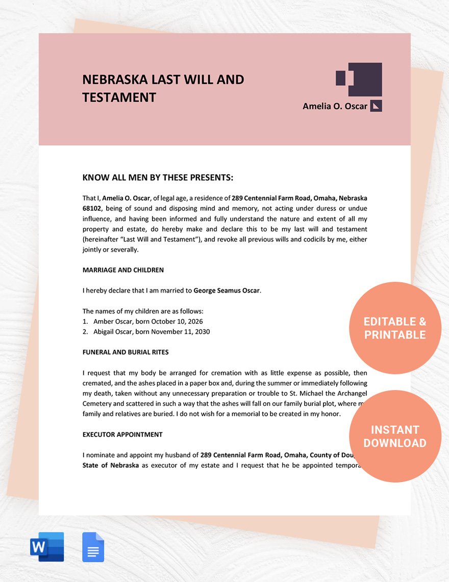 Nebraska Last Will And Testament Template in Word, Google Docs, PDF