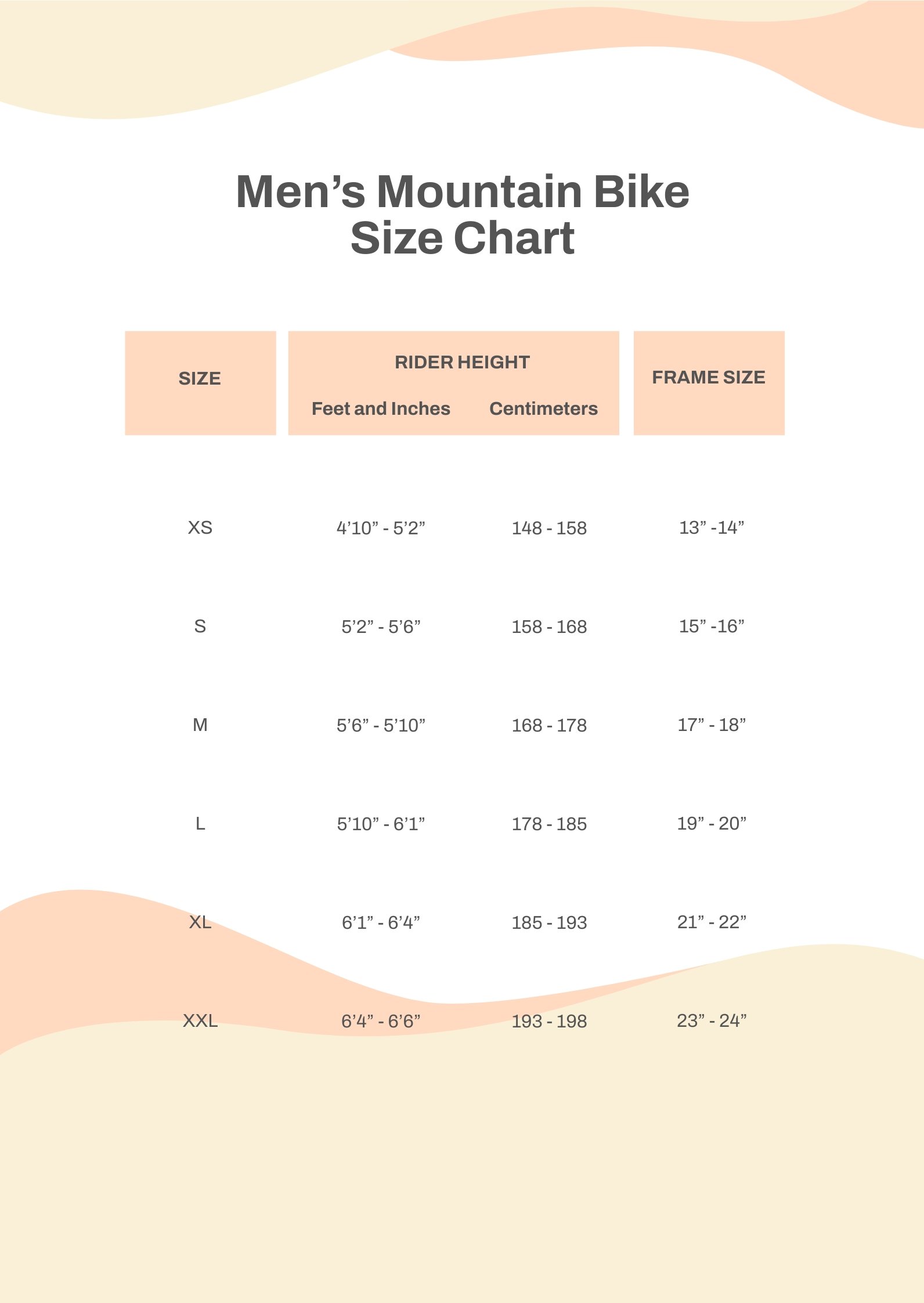 Men's Mountain Bike Size Chart in PDF