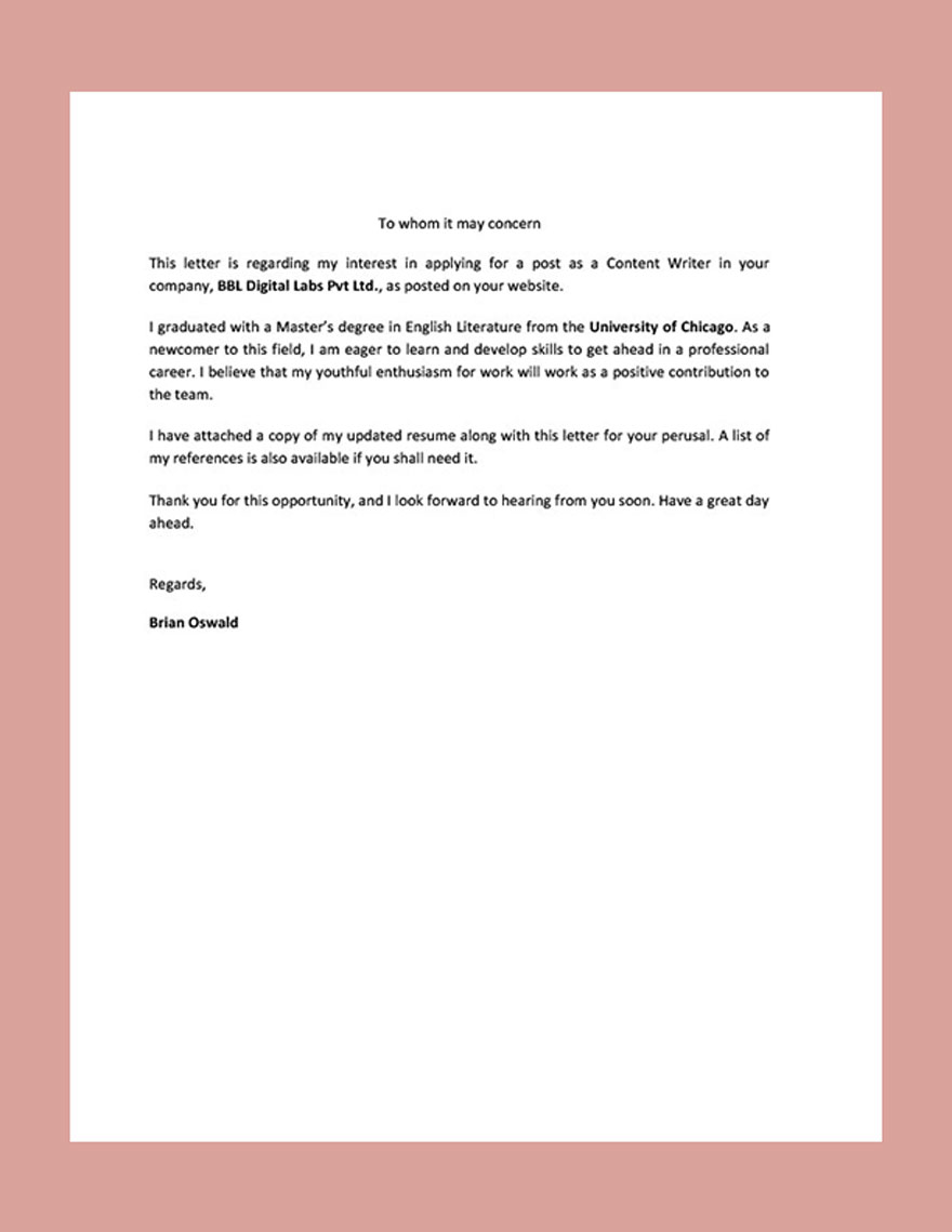 Professional Freshers Sample Cover Letter Template