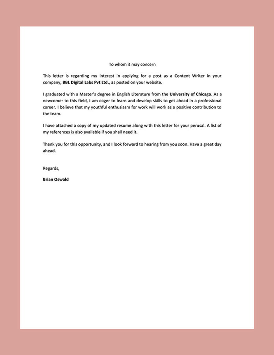 Professional Freshers Sample Cover Letter