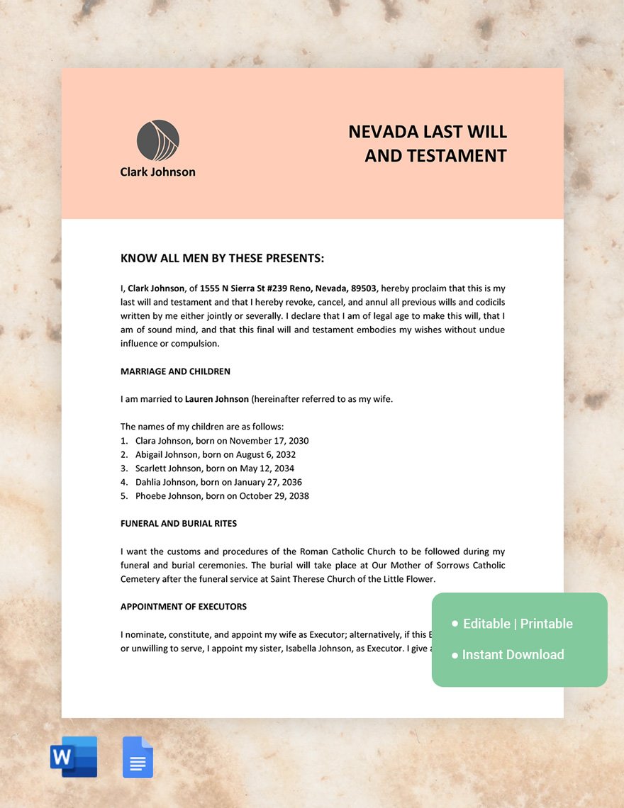 Nevada Last Will And Testament Template in Word, Google Docs, PDF