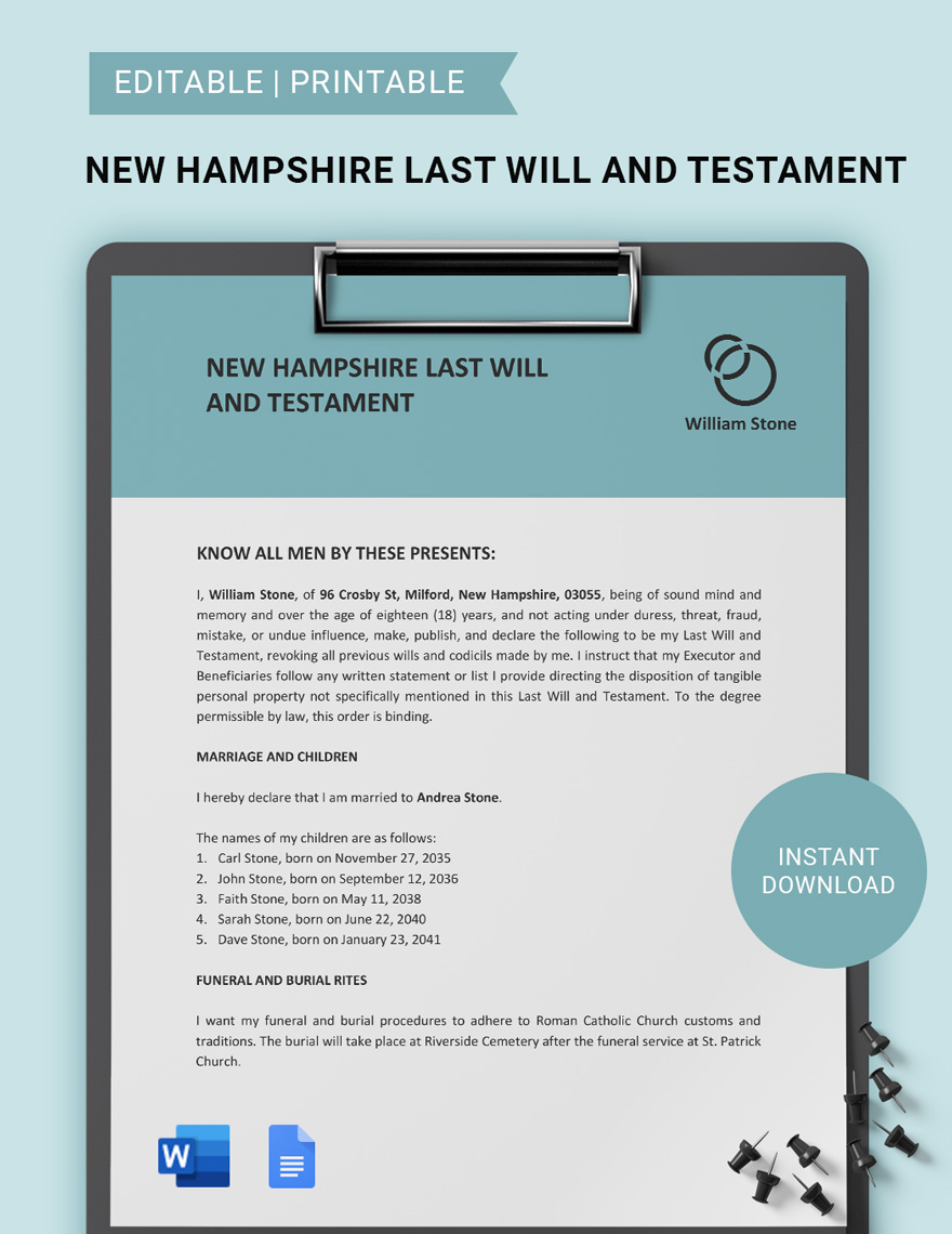 New Hampshire Last Will And Testament Template in Word, Google Docs