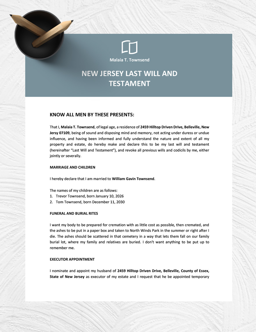 New Jersey Last Will And Testament Template