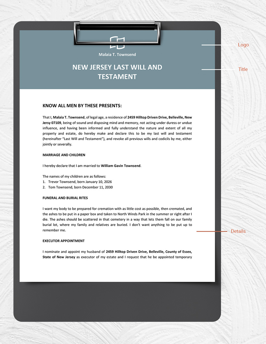 New Jersey Last Will And Testament Template