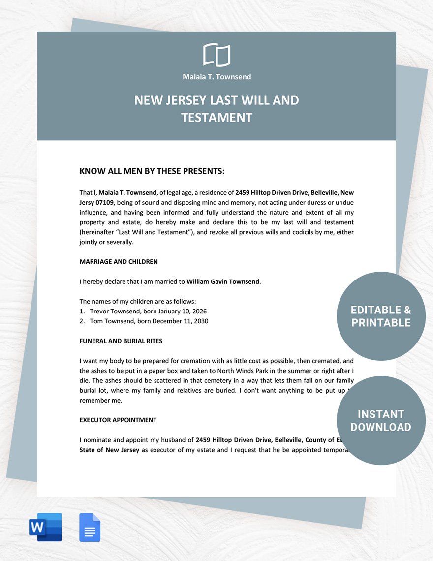 New Jersey Last Will And Testament Template in Word, Google Docs