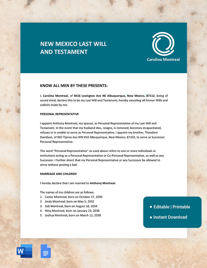 New Mexico Last Will And Testament Template in Word, Google Docs, PDF