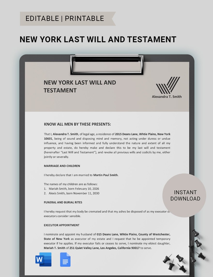 New York Last Will And Testament Template Download in Word, Google