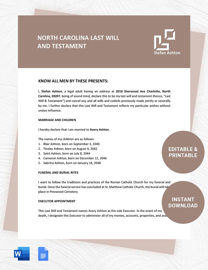 North Carolina Last Will And Testament Template in Word, Google Docs, PDF