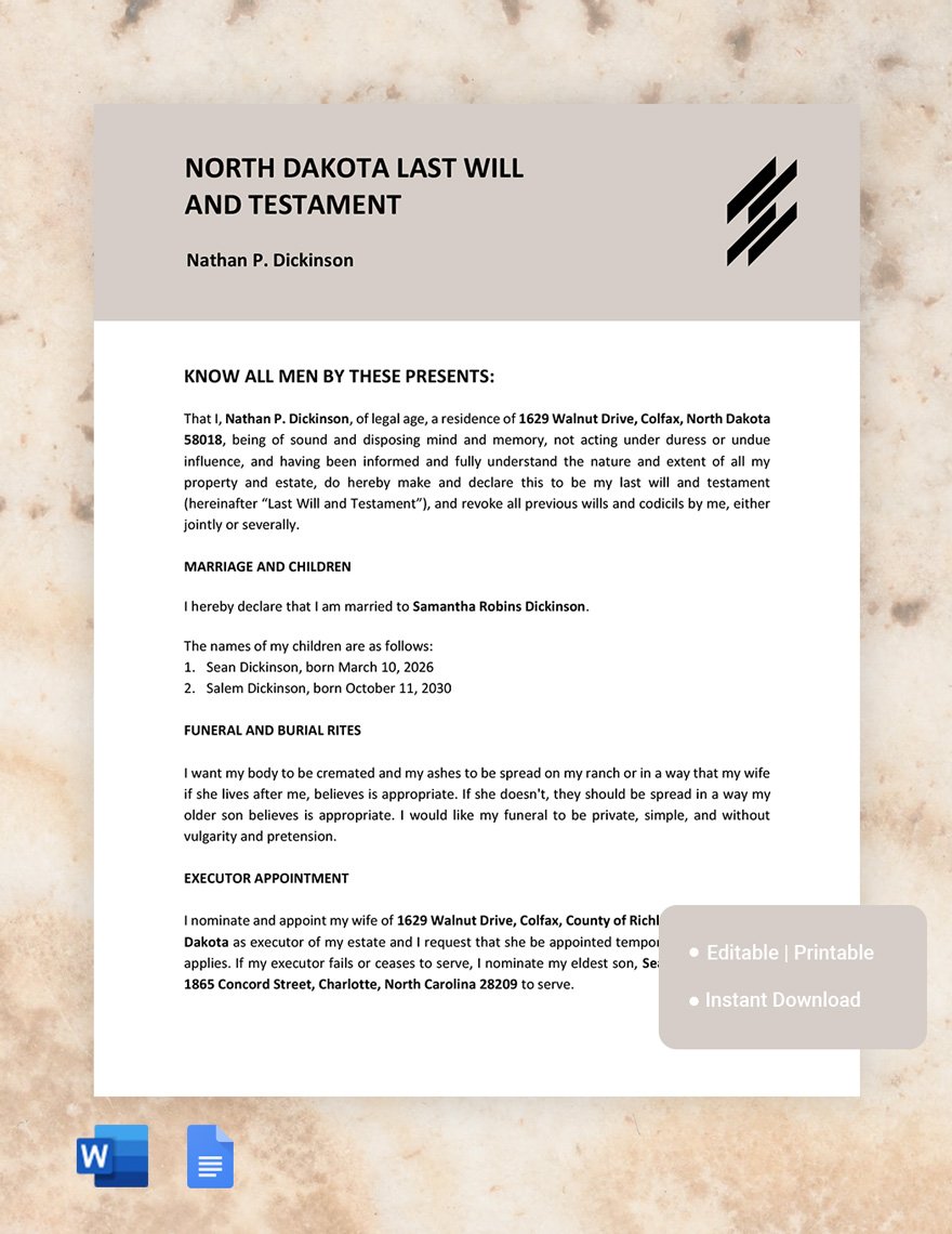 North Dakota Last Will And Testament Template in Word, Google Docs, PDF