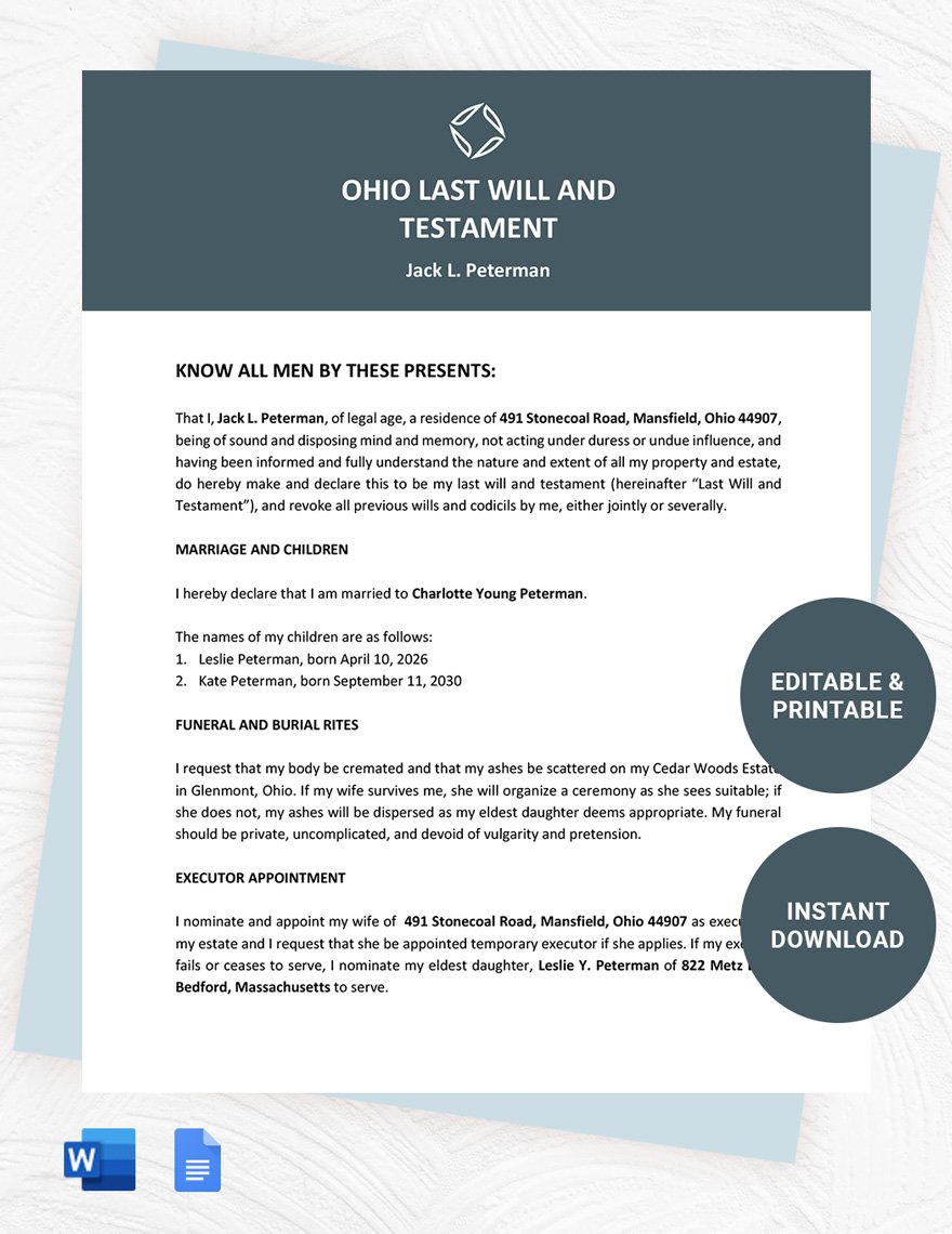 Ohio Last Will And Testament Template in Word, Google Docs, PDF