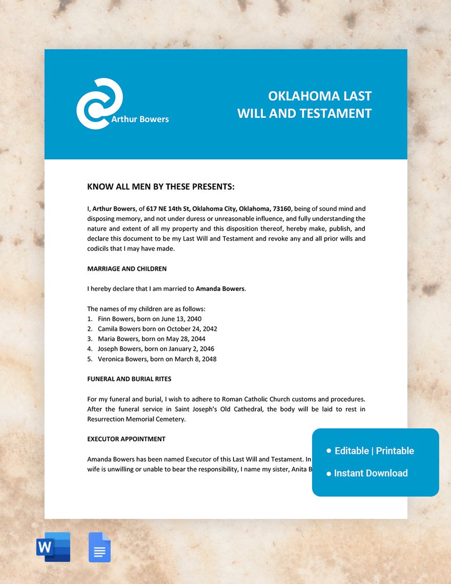 Oklahoma Last Will And Testament Template in Word, Google Docs, PDF