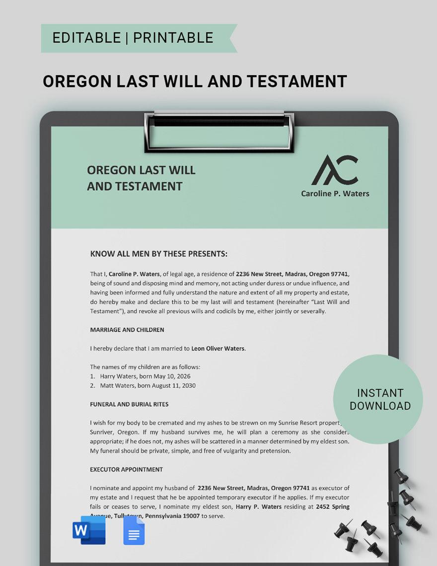 Last Will And Testament Template Oregon Printable Word Searches