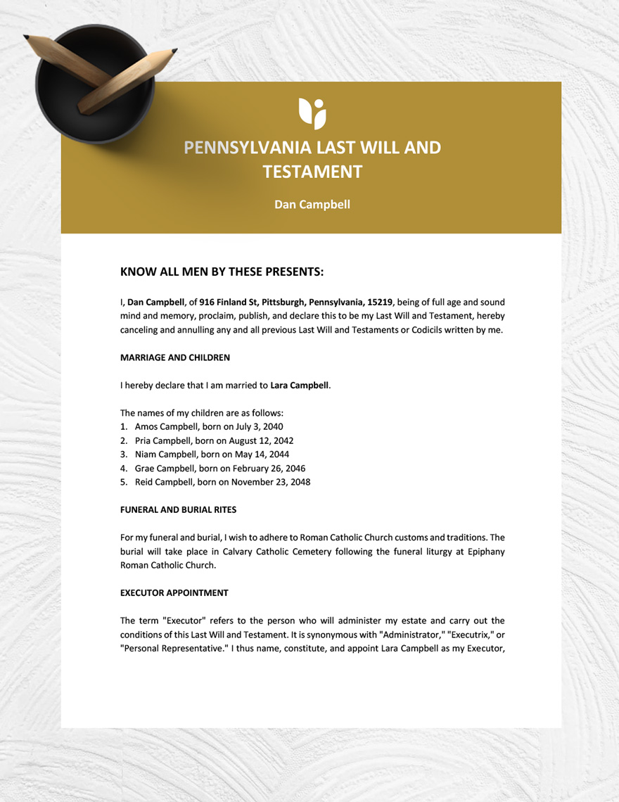 Pennsylvania Last Will And Testament Template in Google Docs Word
