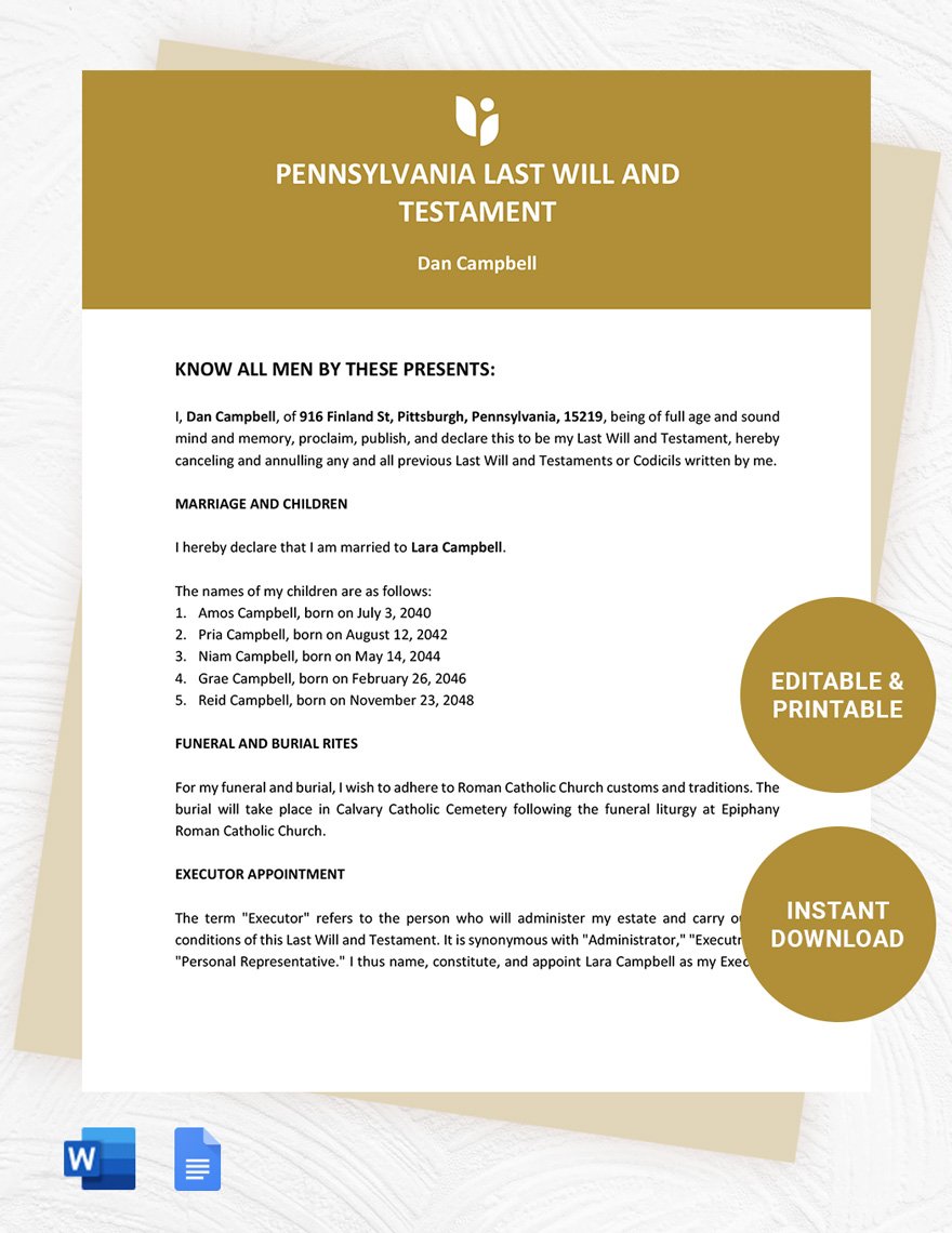 Pennsylvania Last Will And Testament Template in Google Docs Word