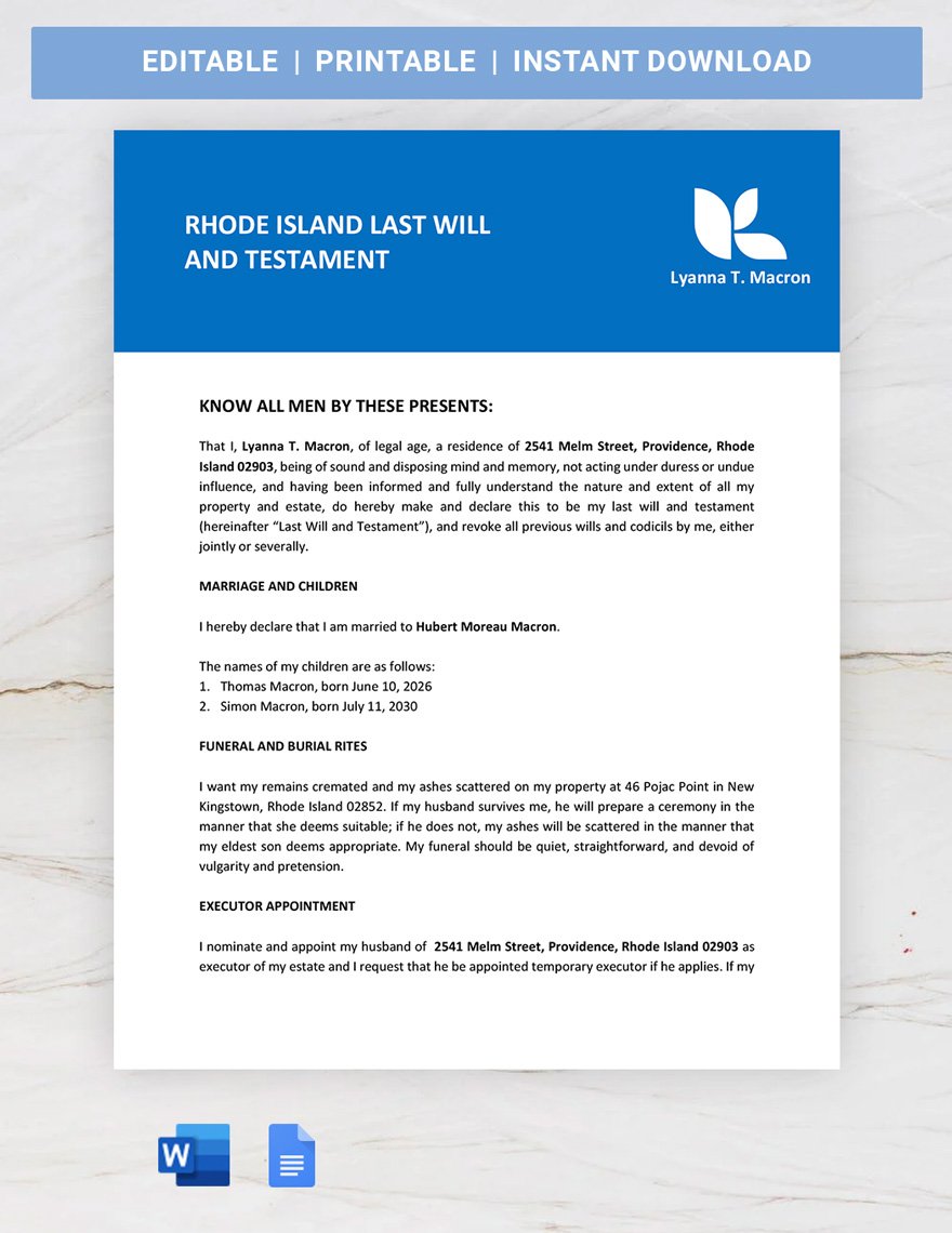 Rhode Island Last Will And Testament Template in Word, Google Docs, PDF