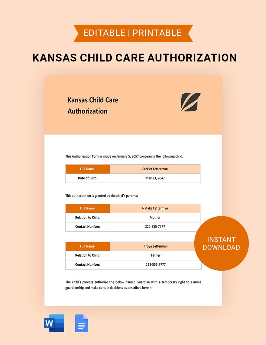 Kansas Child Care Authorization Template in Word, Google Docs