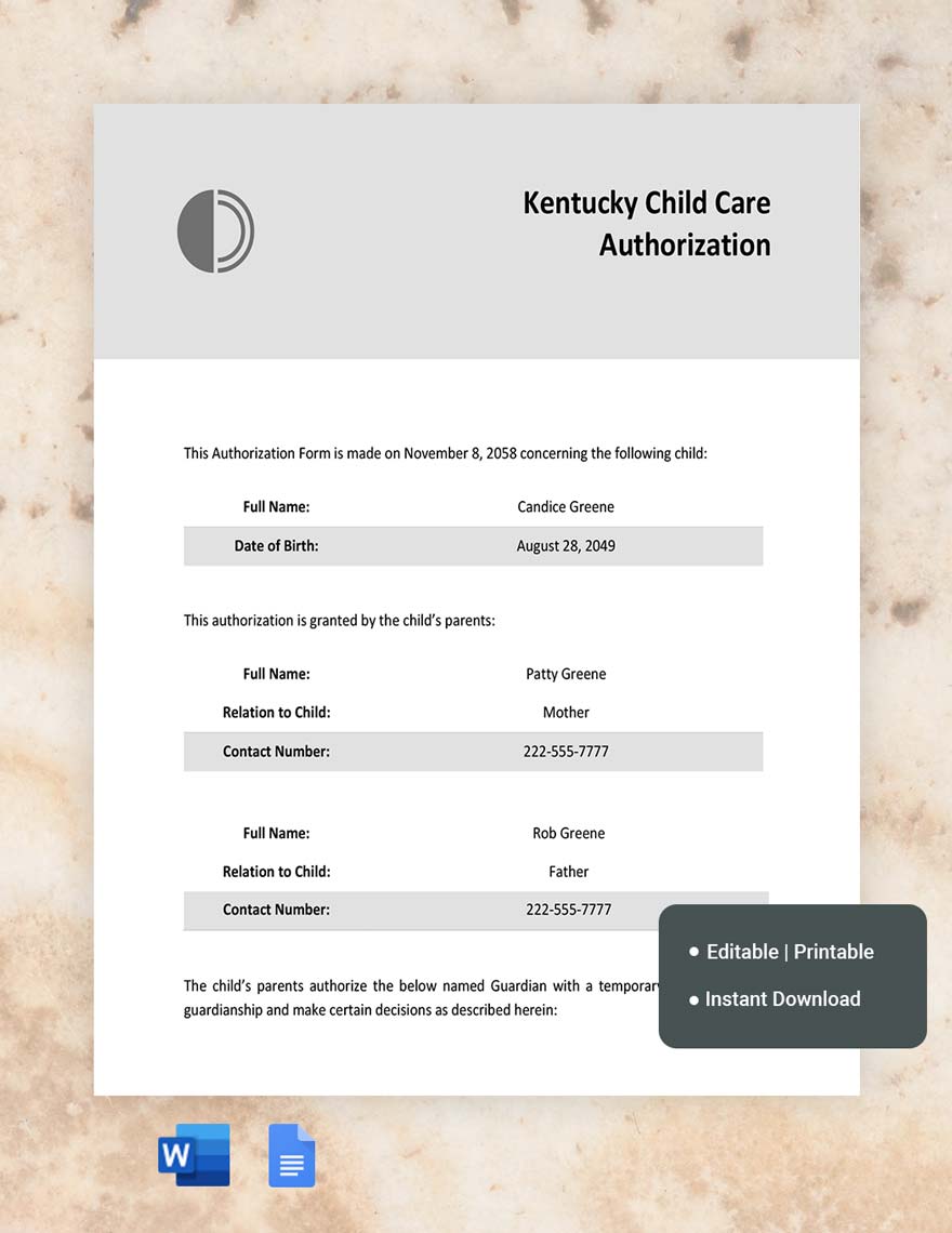 Kentucky Child Care Authorization Template in Word, Google Docs