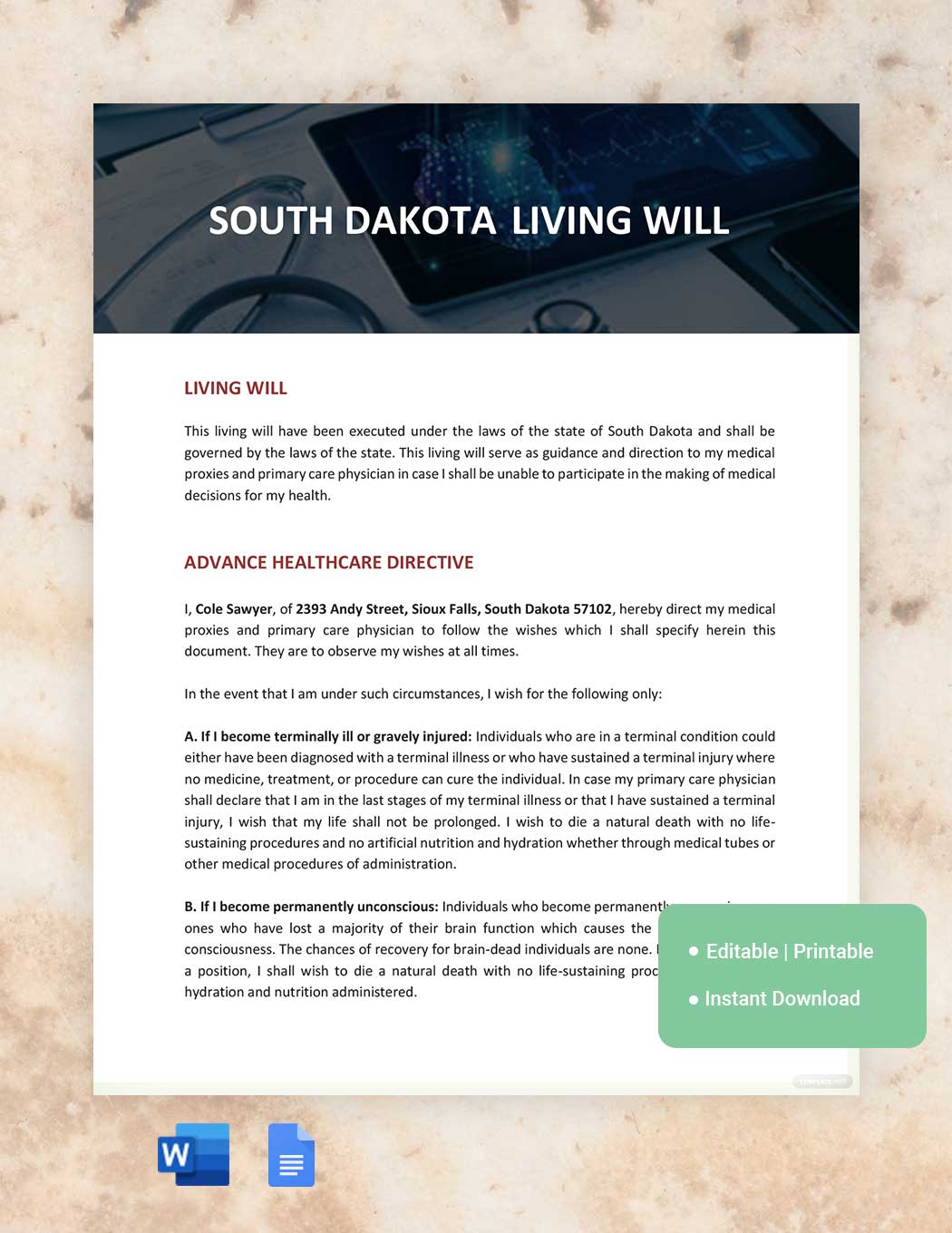 South Dakota Living Will Template