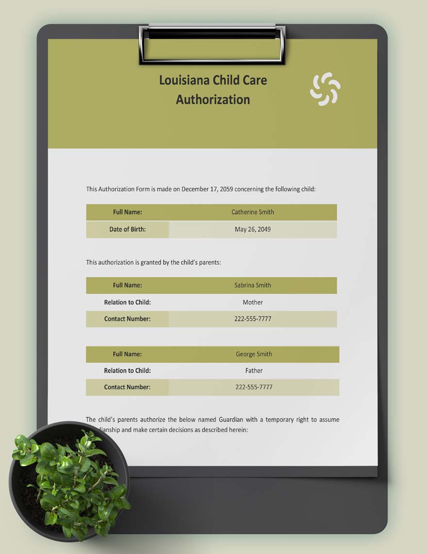 Louisiana Child Care Authorization Template