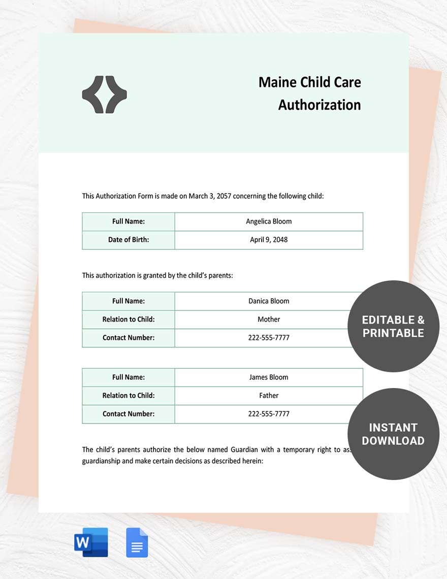 Maine Child Care Authorization Template in Word, Google Docs