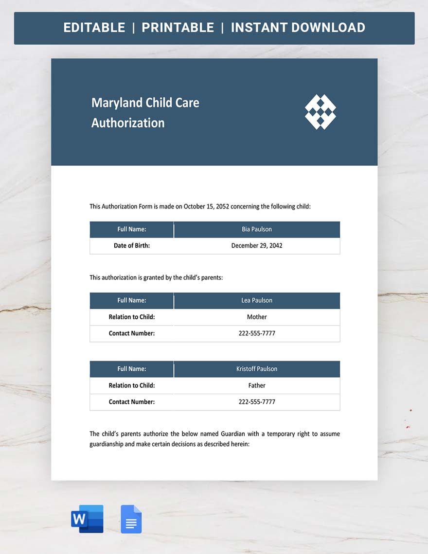 Maryland Child Care Authorization Template in Word, Google Docs