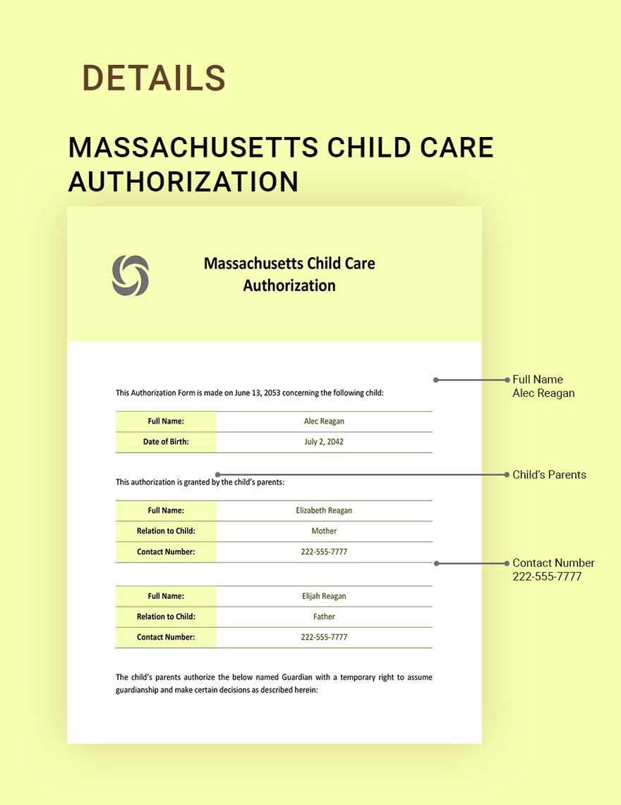 Massachusetts Child Care Authorization Template