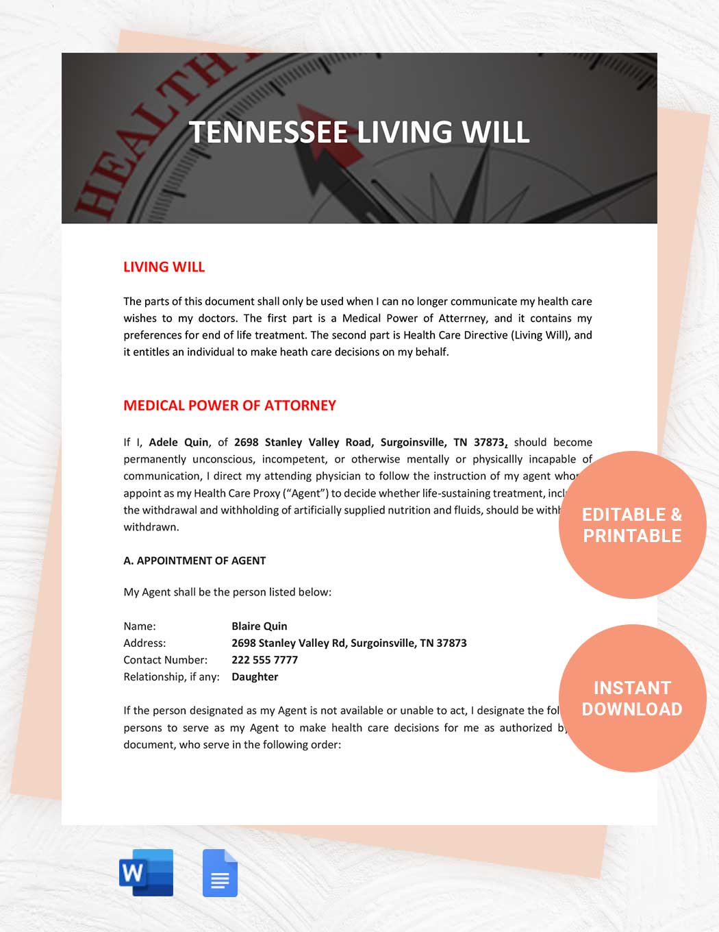 Tennessee Living Will Template