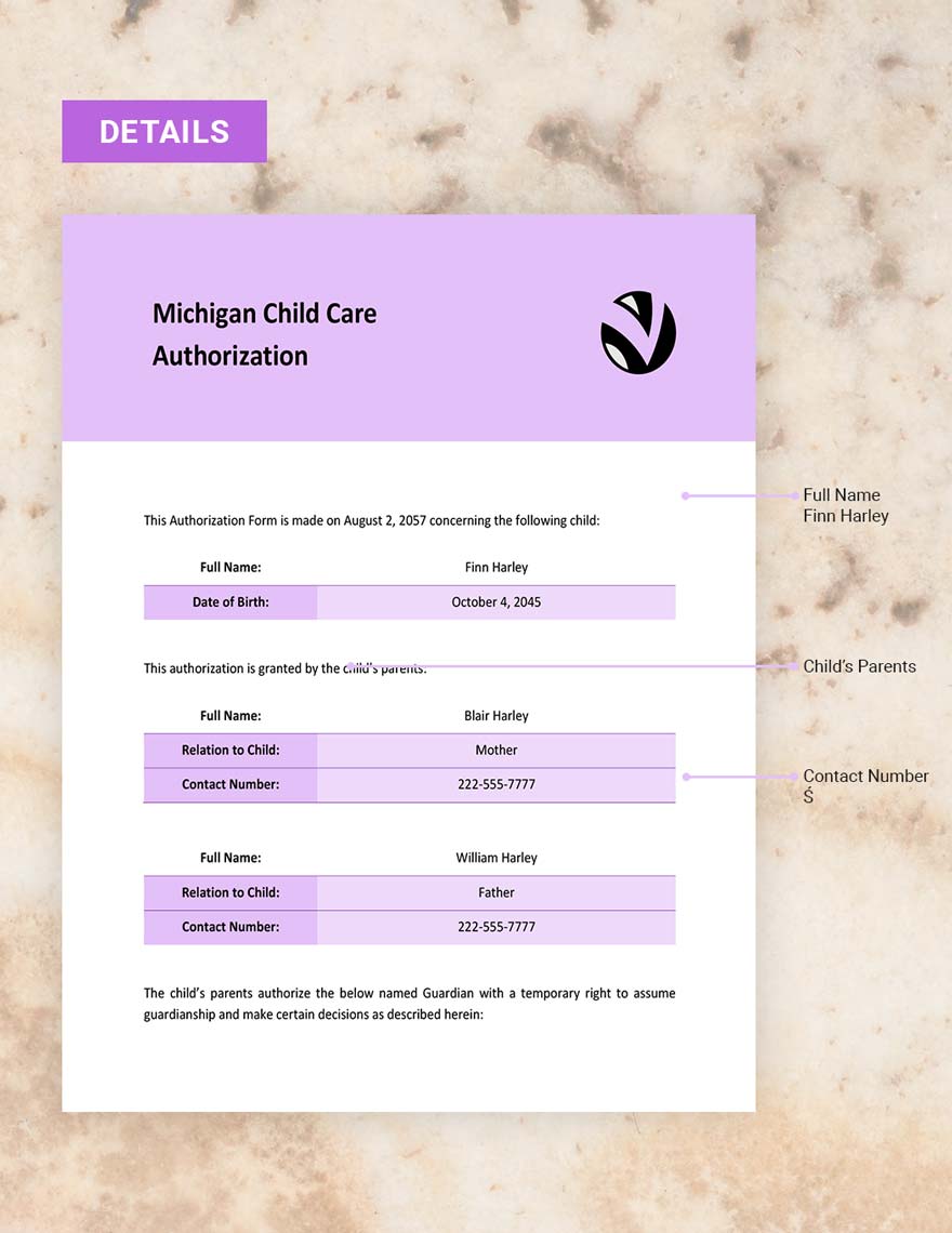 Michigan Child Care Authorization Template