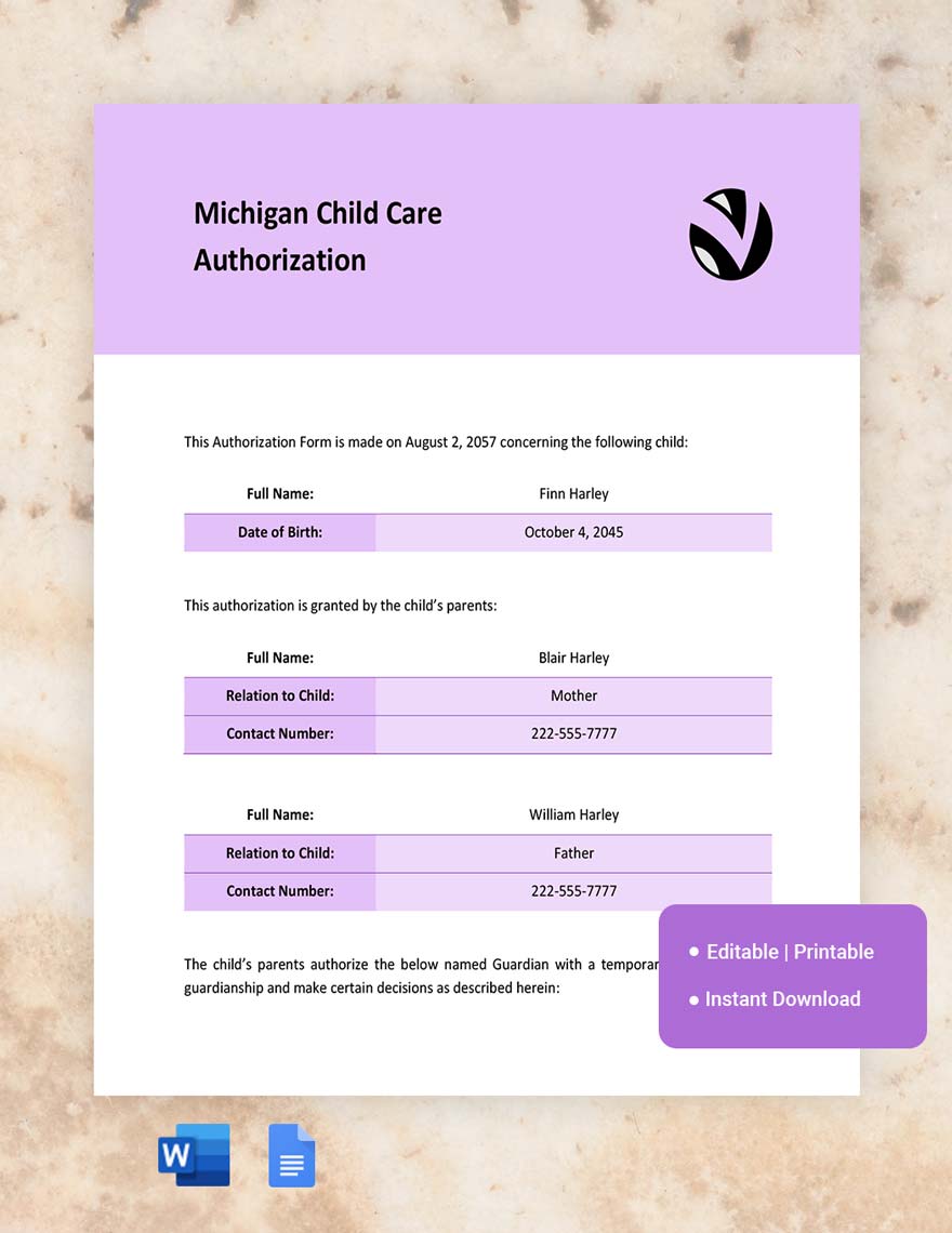 Michigan Child Care Authorization Template in Word, Google Docs