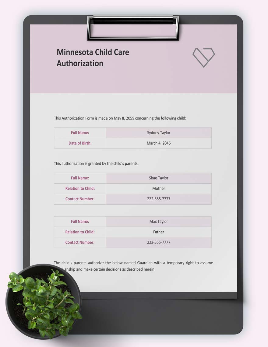 Minnesota Child Care Authorization Template