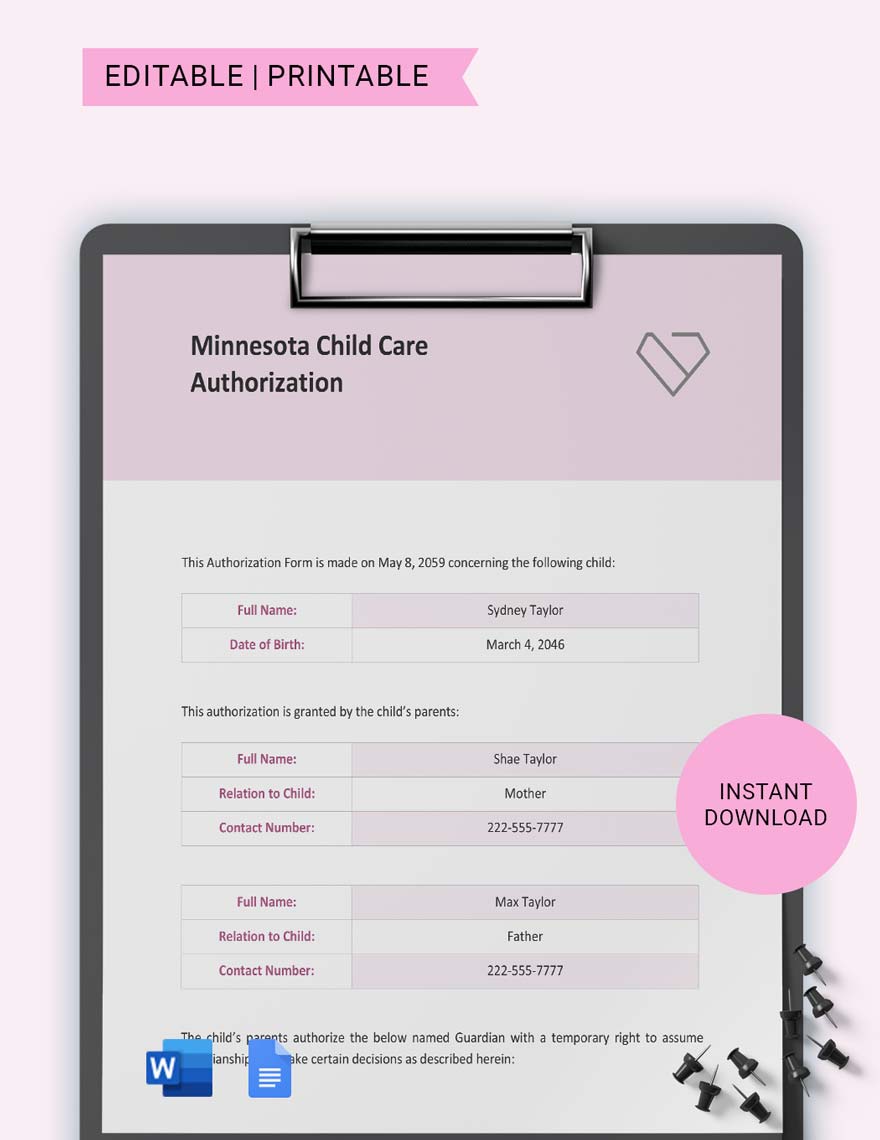 Minnesota Child Care Authorization Template Download In Word Google 