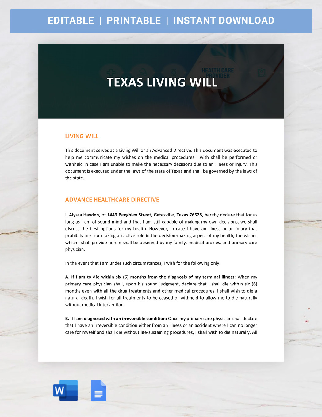 Texas Living Will Template Google Docs Word Template