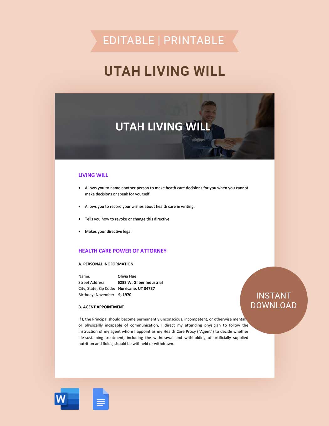 Utah Living Will Template