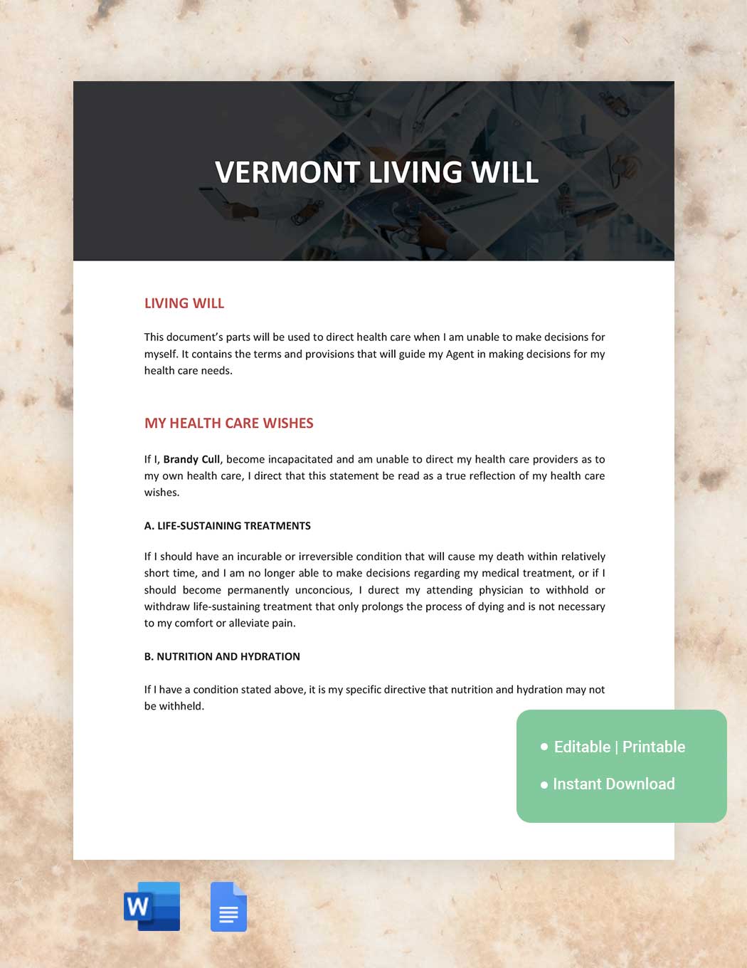 Vermont Living Will Template