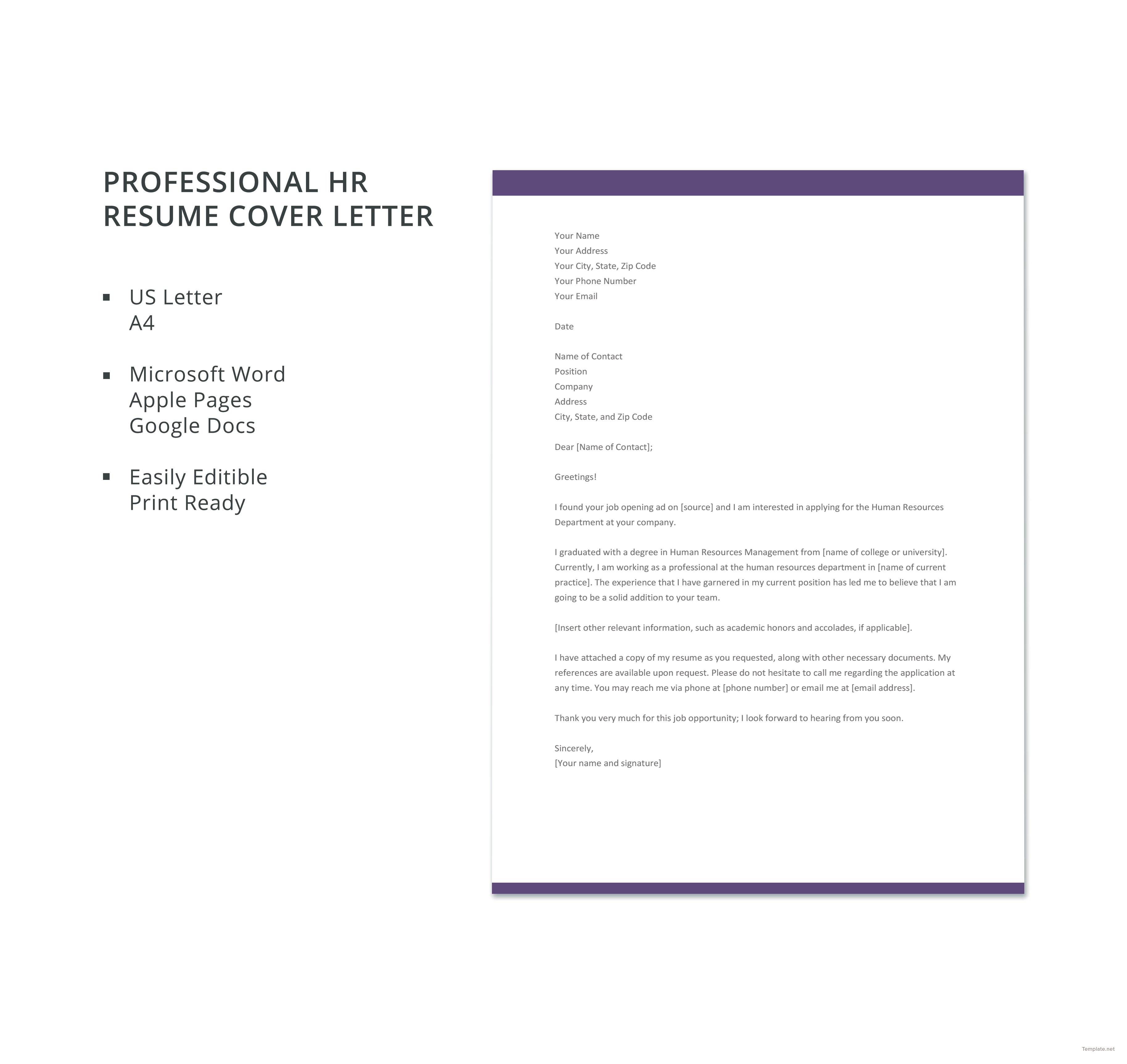 cover letter for sending resume to hr