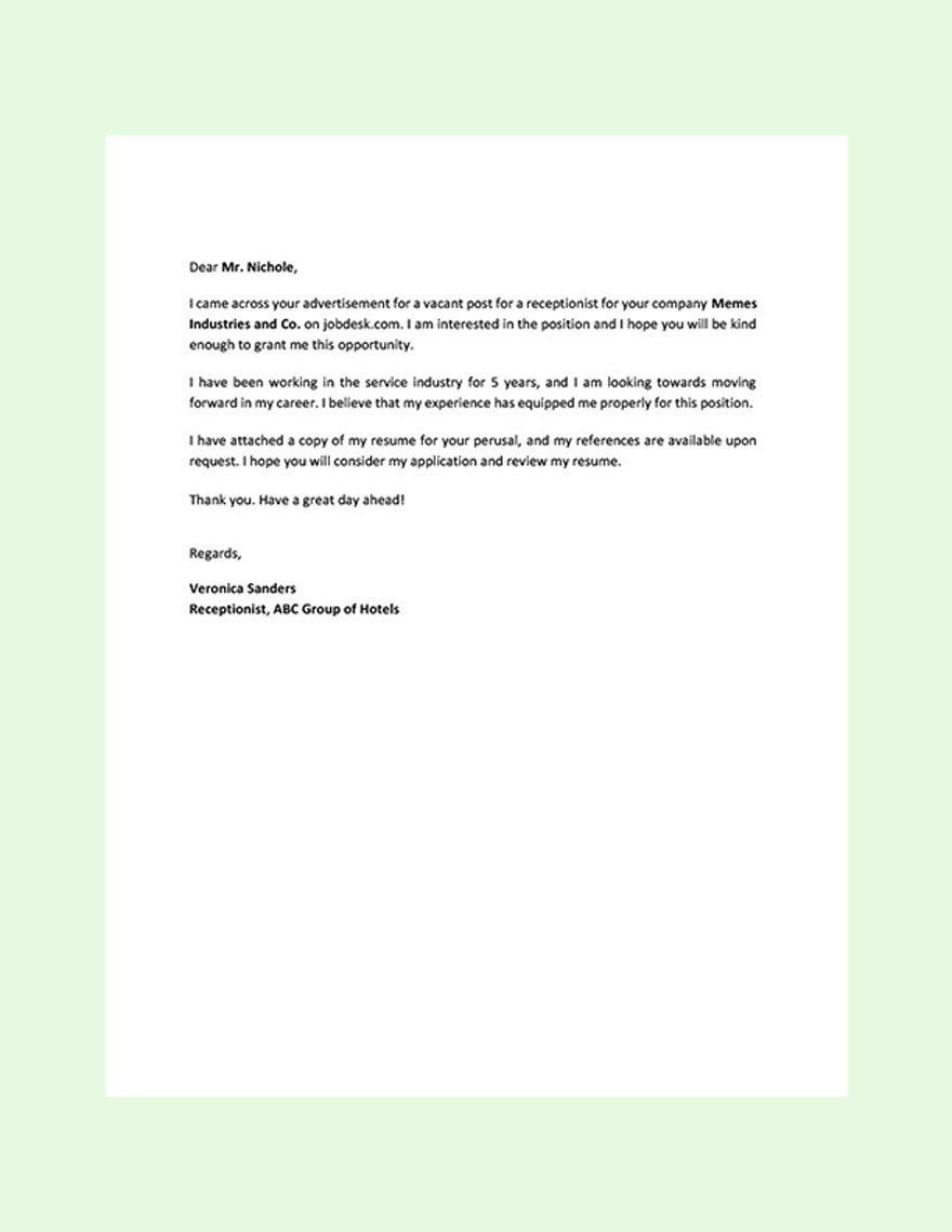 Receptionist Resume Cover Letter