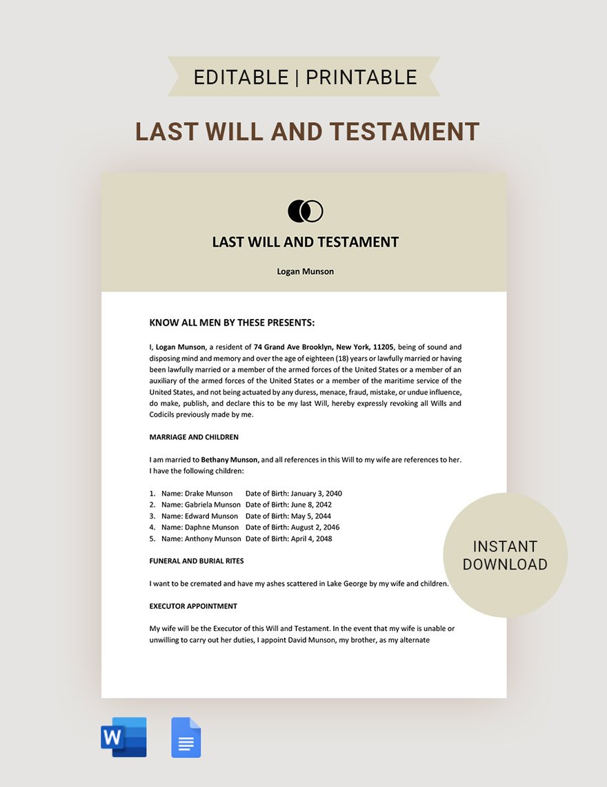 Free Basic Last Will And Testament Template in Word, Google Docs, PDF